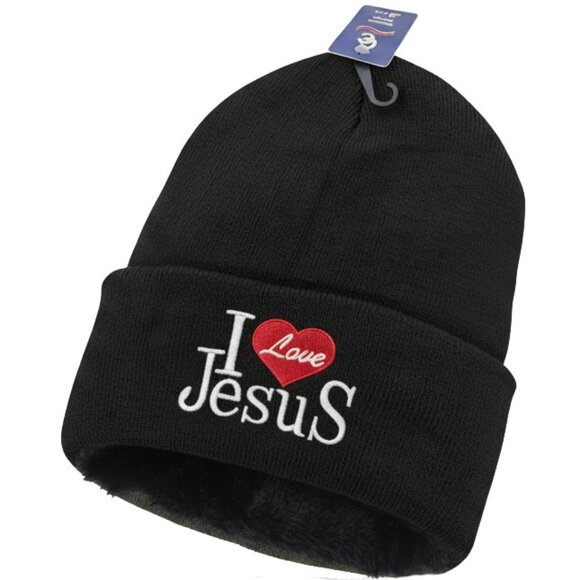 I Love Jesus Winter Hat Embroidered Skull Beanie Cap – Warm Lined, Black, NWT - Picture 1 of 3